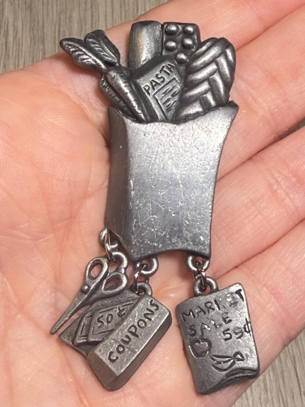 Vintage Grocery Bag Brooch Coupon Charm Dangle Silver Tone Pin 2.6"
